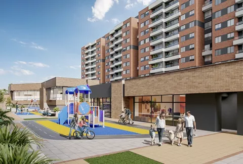 Zona infantil muestra familias jugando, edificios, plantas y juegos.