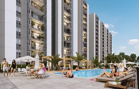 Piscina Entreverde muestra a personas tomando el sol y nadando.
