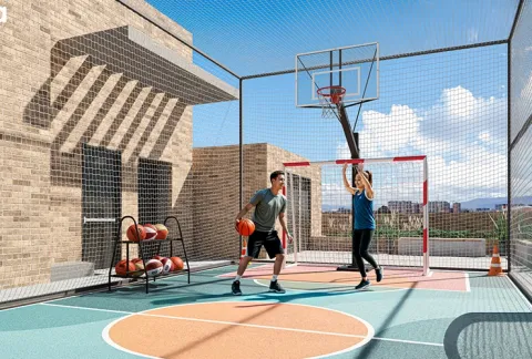 Personas juegan basquetbol en cancha múltiple de Viena
