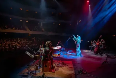 Concierto en teatro con banda en vivo.