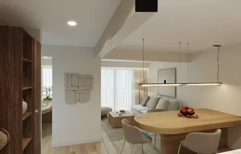 Sala de apartamento muestra distribución de espacios y acabados