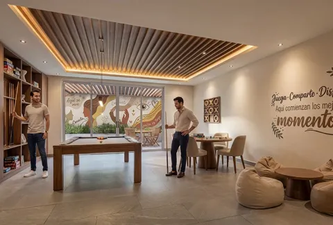 Salón de juegos de Lúmina 77 muestra personas jugando ping pong