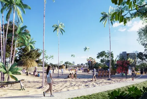 Senderos de Club Playa de Cádiz muestra zonas verdes y personas caminando por la arena