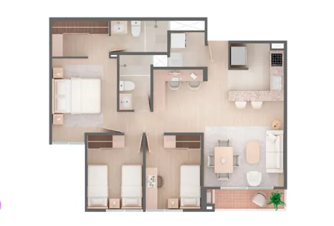 Apartamento Viena, torre 2, tipo 7, cuenta con tres alcobas