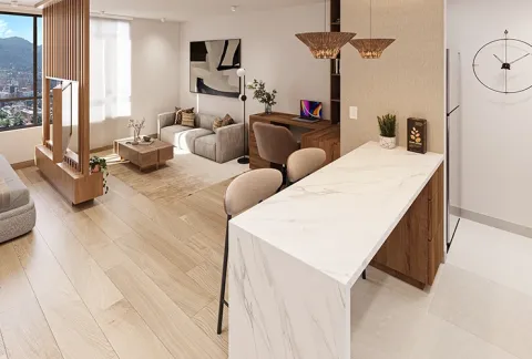 Comedor y sala muestra distribución de espacios de Lúmina 77