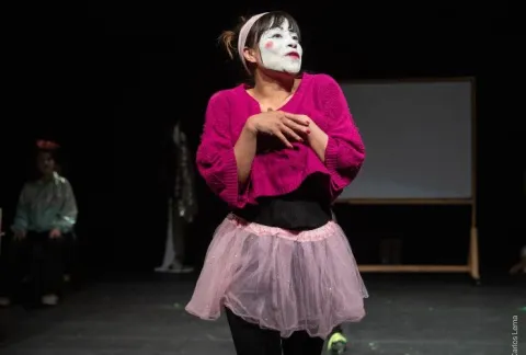 Mujer con un suéter rosa y una falda tutú con una cara blanca pintada en la cara.