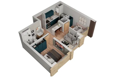 Apartamento T1 de Calia muestra distribución de espacios