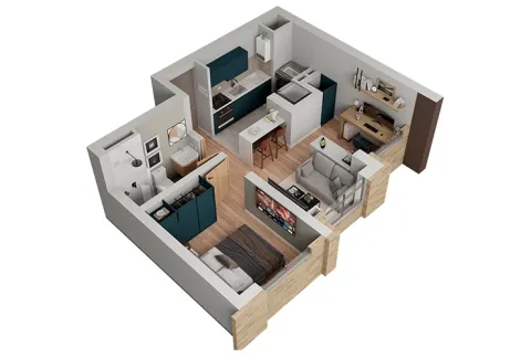 Apartamento T1 de Calia muestra distribución de espacios y estudio