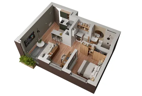 Apartamento T2 de Calia muestra distribución de espacios y estudio