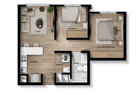 Apartamento tipo A Terralto muestra distribución de espacios y acabados.