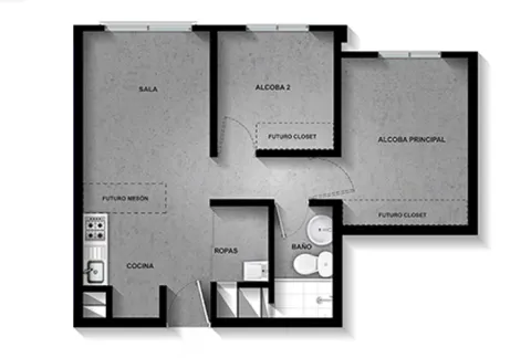 Apartamento tipo A Terralto muestra obra gris.