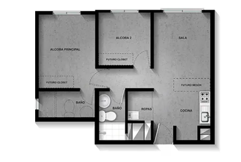 Apartamento tipo B Terralto muestra obra gris.