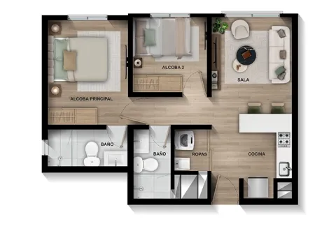 Apartamento tipo B Terralto muestra distribución de espacios y acabados.