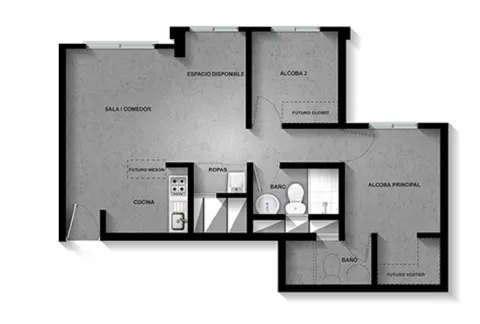 Apartamento tipo C Terralto muestra obra gris