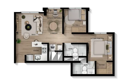 Apartamento tipo C Terralto muestra distribución de espacios y acabados.