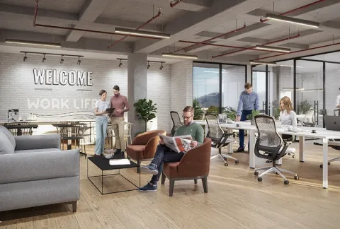 Coworking de Nuva Park muestra  personas trabajando y conversando sentadas en oficina