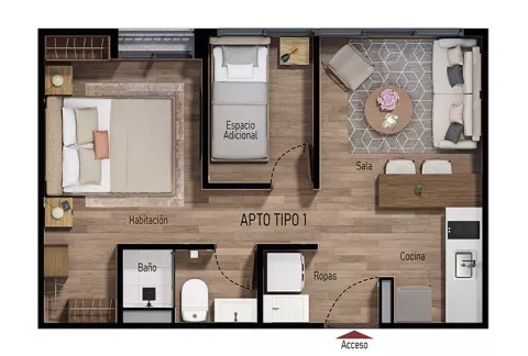 Plano apartamento tipo 1 Abeto, muestra sala, cocina, habitación, espacio adicional y baño.