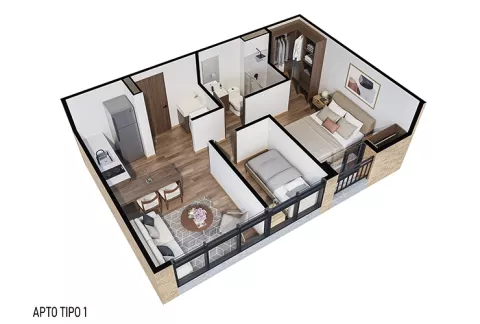 Vista isométrica del apartamento tipo 1 Abeto, muestra sala, cocina, habitación y baño.