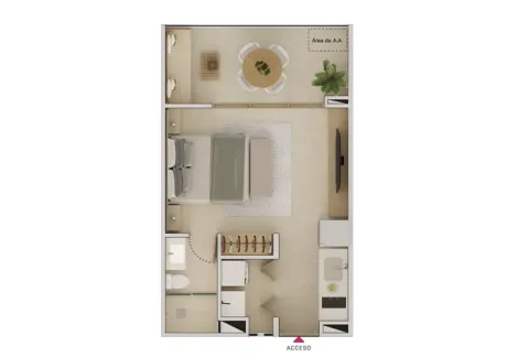 Plano apartamento tipo 1 Llano Kristal, muestra salón comedor, cocina, una alcoba y un baño.