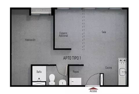 Plano en obra gris del apartamento tipo 1 Abeto, muestra la distribución de sus espacios.