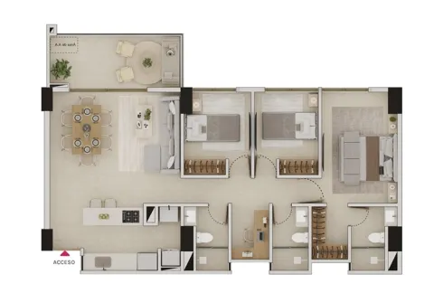 Plano apartamento tipo 11 Llano Kristal, muestra salón comedor, cocina, tres alcobas y tres baños.