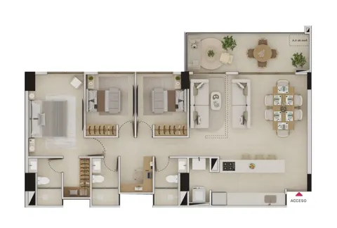 Plano apartamento tipo 12 Llano Kristal, muestra salón comedor, cocina, tres alcobas y tres baños.