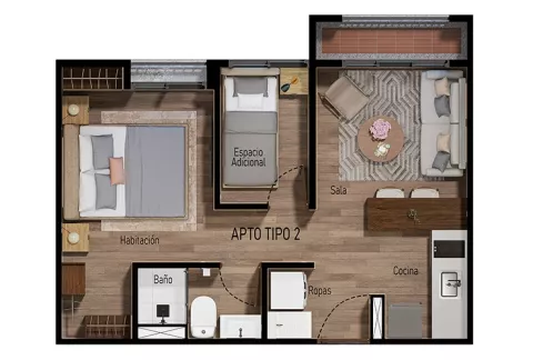 Plano apartamento tipo 2 Abeto, muestra sala, cocina, habitación, espacio adicional y baño.