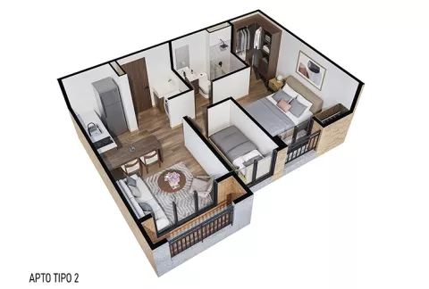 Vista isométrica del apartamento tipo 2 Abeto, muestra sala, cocina, habitación y baño.