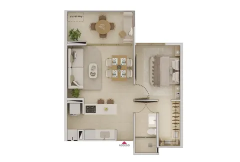 Plano apartamento tipo 2 Llano Kristal, muestra salón comedor, cocina, alcoba con vestier y baño.