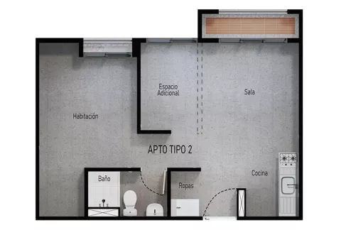 Plano en obra gris del apartamento tipo 2 Abeto, muestra la distribución de sus espacios.