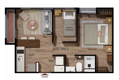 Plano apartamento tipo 3 Abeto, muestra sala, cocina, habitación, espacio adicional y baño.