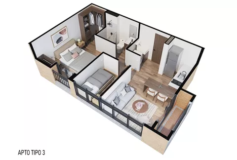 Vista isométrica del apartamento tipo 3 Abeto, muestra sala, cocina, habitación y baño.
