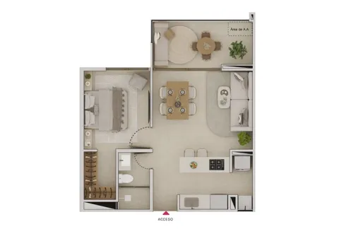Plano apartamento tipo 3 Llano Kristal, muestra salón comedor, cocina, alcoba con vestier y baño.