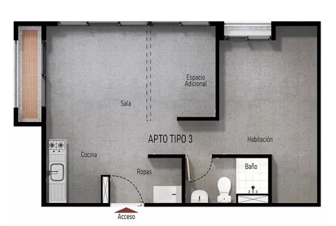 Plano en obra gris del apartamento tipo 3 Abeto, muestra la distribución de sus espacios.