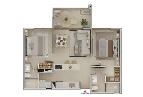 Plano apartamento tipo 4 Llano Kristal, muestra salón comedor, cocina, dos alcobas y dos baños.