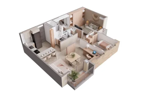 Planta apartamento tipo 55 Palma Real, muestra la distribución de alcoba, baño social y zona social.