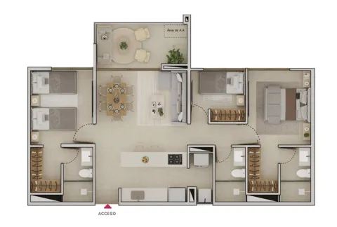 Plano apartamento tipo 5 Llano Kristal, muestra salón comedor, cocina, dos alcobas y dos baños.