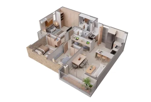 Planta apartamento tipo 60 Palma Real, muestra la distribución de dos alcobas y zona social.