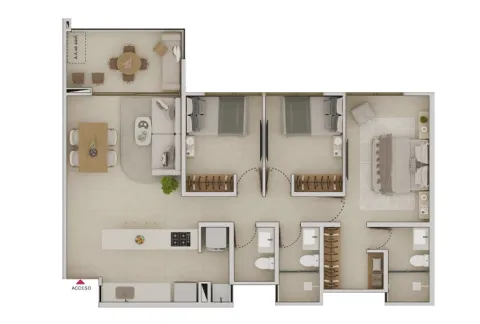 Plano apartamento tipo 7 Llano Kristal, muestra salón comedor, cocina, tres alcobas y tres baños.