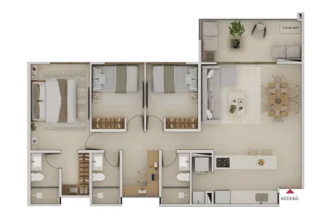 Plano apartamento tipo 8 Llano Kristal, muestra salón comedor, cocina, tres alcobas y tres baños.