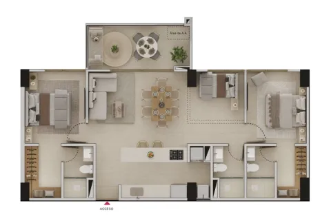 Plano apartamento tipo 9 Llano Kristal, muestra salón comedor, cocina, dos alcobas y tres baños.