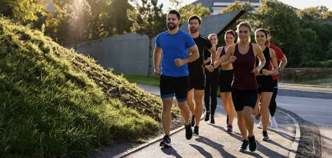 Grupo de personas corren cerca de zonas verdes