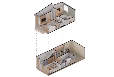 Planta casa tipo 56 Palma Real, muestra la distribución de alcoba, zona social y patio.