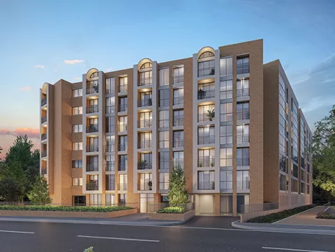 Fachada Abeto, muestra el edificio del proyecto de vivienda de Colsubsidio.
