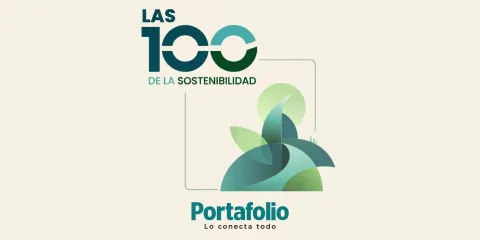 Gráfico de la campaña "Las 100 de la sostenibilidad" de Portafolio, con ícono de hoja en tonos verdes.