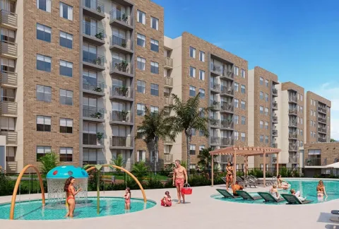 Zona de chorros en la piscina Palma Real, muestra el área recreativa para niños.