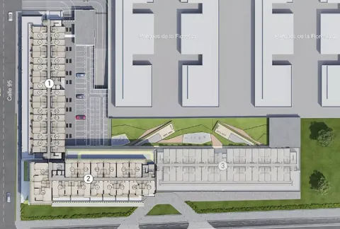 Planta urbana de Floresta Living muestra planos, vista aérea y zonas verdes