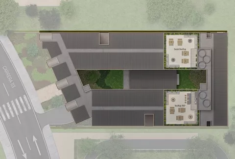 Planta urbana Abeto, muestra la terraza del piso techo con las zonas sociales.