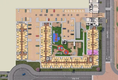 Planta urbana de Rosa Amatista muestra edificios, zonas verdes y vías