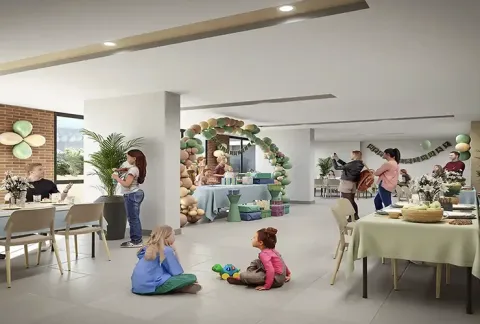 Salón infantil de Floresta Living muestra niños en una fiesta de cumpleaños